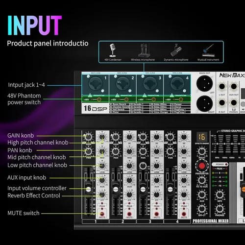 Miniatura 6 de Mezclador de Audio Profesional, Interfaz de Audio de 4 Canales Mesa de Sonido Sistema Monitor de Consola de Mezcla, NEW BAXS Mezclador DJ Bluetooth