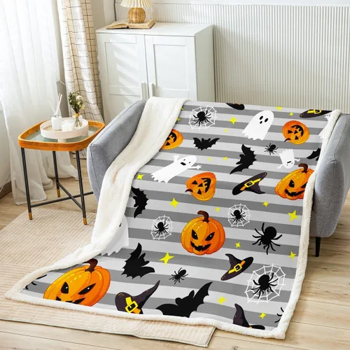 Miniatura 8 de Manfei Manta de Halloween con farol de calabaza, fantasmas, para decoración de habitación de niños y niñas, manta de araña negra para sofá, manta
