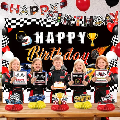 Miniatura 4 de Kit de decoración de fiesta de cumpleaños de auto de carreras para niños, cartel de feliz cumpleaños, telón de fondo de carreras con temática