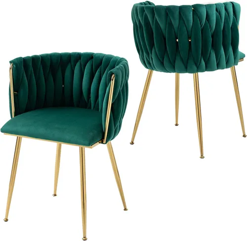Miniatura 9 de Juego de 2 sillas de comedor tapizadas de terciopelo, sillas modernas para sala de estar con respaldo tejido y patas de metal dorado, silla auxiliar