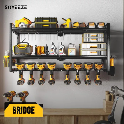 Miniatura 6 de SOYEEZE Organizador de herramientas eléctricas, soporte de pared para 8 taladros y destornilladores, estante de almacenamiento de 3 capas