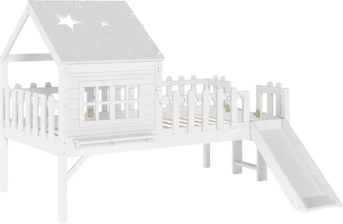 Miniatura 19 de Marco de cama de tamaño matrimonial para niños con escaleras, bonito techo y ventana en forma de estrella para niños y niñas, cama de plataforma