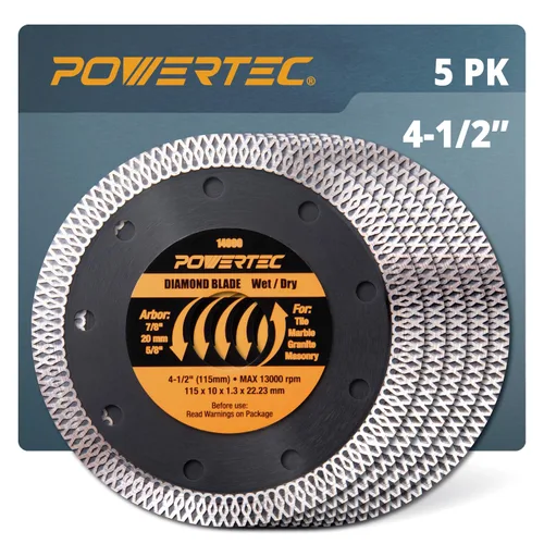 POWERTEC Hojas de sierra de diamante de 4-1/2 pulgadas para amoladora angular, paquete de 5, borde de malla turbo súper fino para cortar porcelana,