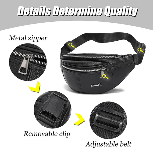 Miniatura 3 de Riñonera de cuero negro para hombres y mujeres, bolsa de cintura de cuero genuino con correa ajustable para caminar, senderismo, ciclismo, C805#Negro