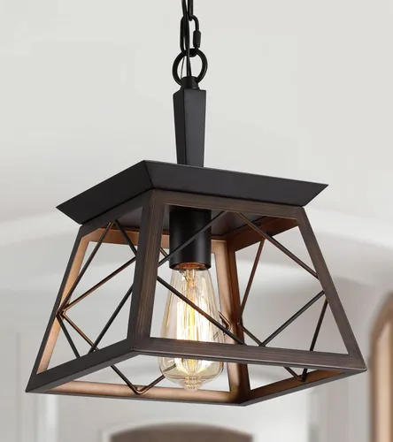 Q&S Lámpara colgante de granja, lámpara colgante vintage, iluminación colgante industrial, hierro forjado, ORB+marrón, 1 luz E26