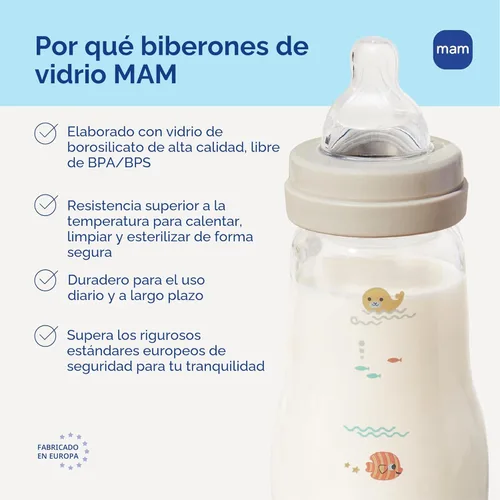 Miniatura 6 de MAM Biberón de cuello ancho anticólicos de vidrio puro Feel Good de 9 onzas, pezón de silicona suave de flujo medio, fácil de limpiar, sin BPA, más