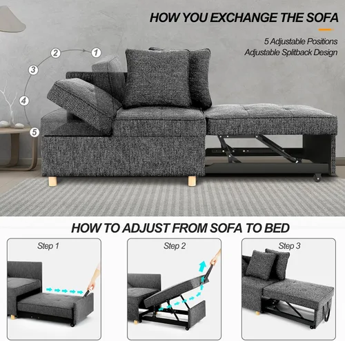 Miniatura 6 de SEJOV Sofá Cama Convertible 4 en 1, Sofás y Sillones, Sofá Loveseat de Tela de Lino de 3 Asientos con 2 Cojines Decorativos, Sillón Reclinable