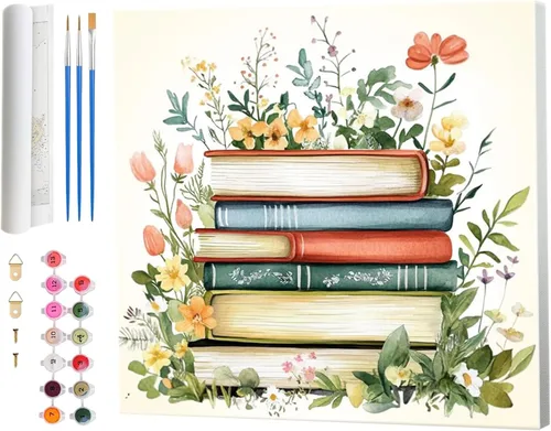 Amphol Paint by Numbers Kit for Adults Beginner, DIY Book Flowers Paint by Numbers Canvas with Brushes, Acrylic Paint, DIY Painting by Number for