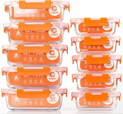 C CREST Paquete de 10 recipientes de vidrio para almacenamiento de alimentos, recipientes de preparación de alimentos con tapas, aptos para Naranja
