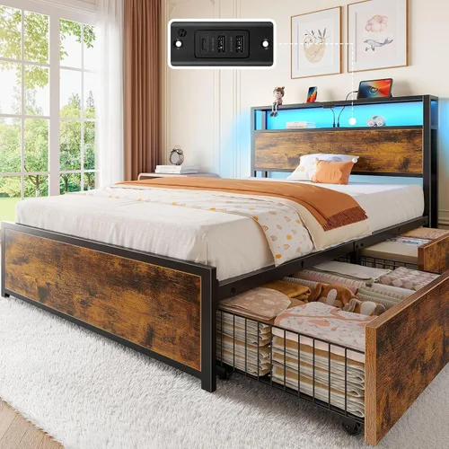 Miniatura 13 de Rolanstar Base de cama de tamaño completo con 4 cajones de almacenamiento, estación de carga y luces LED, plataforma de metal con cabecera