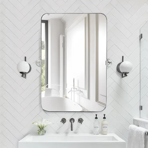 Miniatura 9 de TEEBARN Espejo de baño rectangular pivotante con marco de níquel cepillado de 20 x 30 pulgadas, espejo de tocador rectangular redondeado inclinable