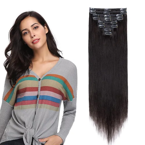 Extensiones de cabello humano 100% remy de 10 a 24 pulgadas, con clips, calidad grado 7A, cabeza completa, 8 piezas, 18 clips; largo, suave, sedoso,
