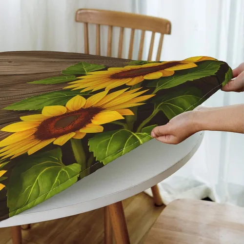 Miniatura 3 de Famame Mantel redondo ajustable con protector elástico, mantel de madera con diseño de girasol para cocina, cena, impermeable, a prueba de aceite