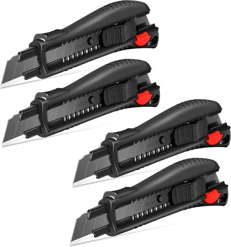 Miniatura 11 de HAUTMEC Cuchillo utilitario de 18 mm con agarre suave y bloqueo automático con interruptor de seguridad rojo, cortador resistente con hoja negra