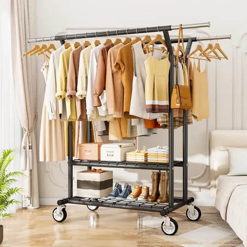 Miniatura 7 de HYSEYY Perchero de ropa resistente, perchero con estantes de carga de 620 libras, perchero de doble barra para colgar ropa, perchero portátil
