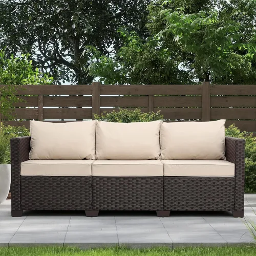 Miniatura 10 de Valita Muebles de patio de 3 asientos, sofá de mimbre marrón, muebles de exterior, sofá de exterior, asiento profundo, respaldo alto, funda Azul
