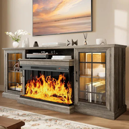 Miniatura 13 de oneinmil - Soporte de TV con chimenea de 59 pulgadas y vidrio en 3 lados para aparatos de hasta 65 pulgadas, centro de entretenimiento moderno