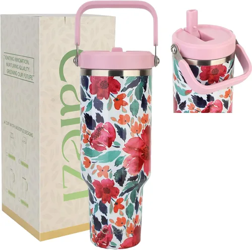 Miniatura 12 de Vaso de 30 onzas con tapa y pajita, vasos de acero inoxidable con aislamiento al vacío con pajita plegable y asa superior, botella de agua aislada