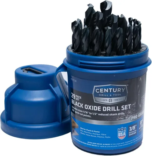 Century Drill & Tool 24538 Juego de brocas de óxido negro con vástago reducido de grado profesional, 29 piezas, fabricado en los Estados Unidos