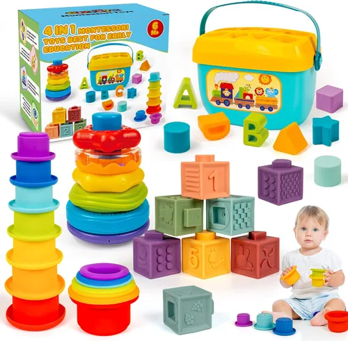 Juguetes Montessori para Bebés de 6 a 18 Meses con Clasificador de Formas Sensoriales, Juguete de Juego de Correspondencia, Anillos Apilables,
