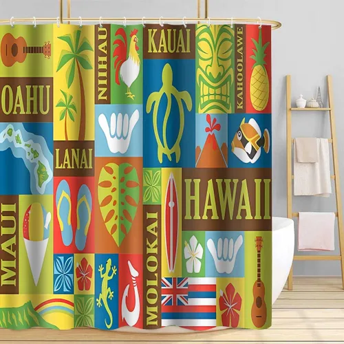 Miniatura 6 de Cortina de ducha hawaiana, retro hawaiano exótico Tiki cortinas de ducha de baño, juego de cortinas de baño con temática tropical Aloha con 6