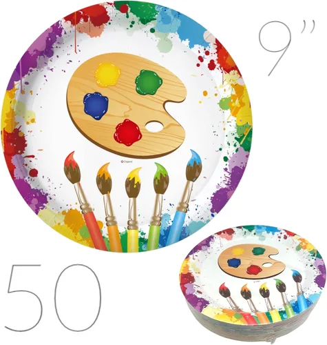 Miniatura 2 de Oojami 100 platos de papel, cena de 50 a 9 pulgadas, postre de 50 a 7 pulgadas, tema de artista de arte