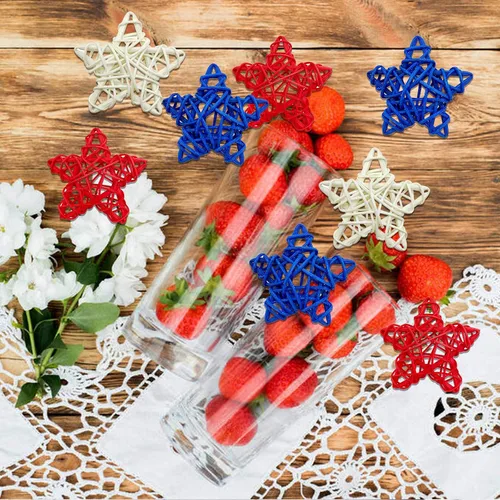 Miniatura 5 de EBaokuup 36 estrellas de ratán natural del 4 de julio, estrellas de ratán de mimbre de 1.96 pulgadas, color rojo, blanco y azul, para decoración