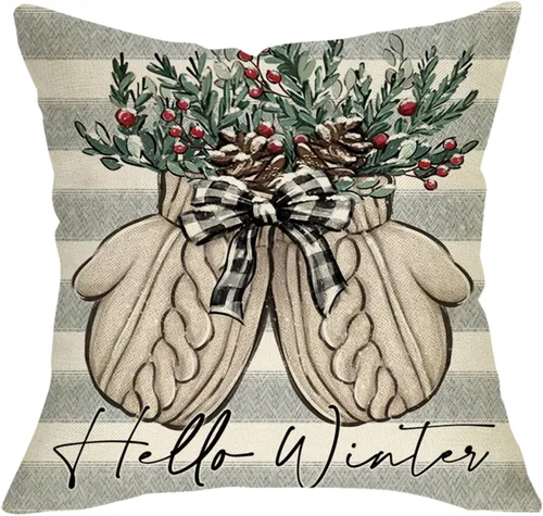 Hello Winter Mitten - Funda de almohada decorativa gris de 16 x 16 pulgadas, guante, bayas rojas, rayas grises, porche, decoración del hogar al aire