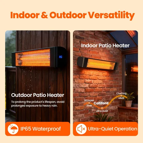 Miniatura 2 de Calentador infrarrojo de patio de 1500 W, 2 niveles (900 W/1500 W), calentador eléctrico para exteriores montado en la pared con control remoto