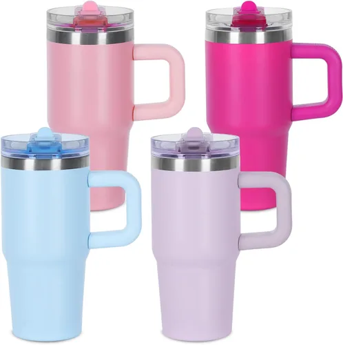 Miniatura 9 de Vaso de 14 onzas para niños con tapa con popote abatible y asa, 100% a prueba de fugas, vaso mini de 14 onzas, vaso aislado al vacío de acero Rosa