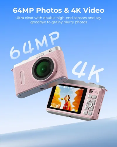 Miniatura 2 de Cámara digital para niños con lente dual de conmutación, 64MP 4K Point and Shoot Cámara con tarjeta de 32 GB, zoom 16X antivibración, cámaras