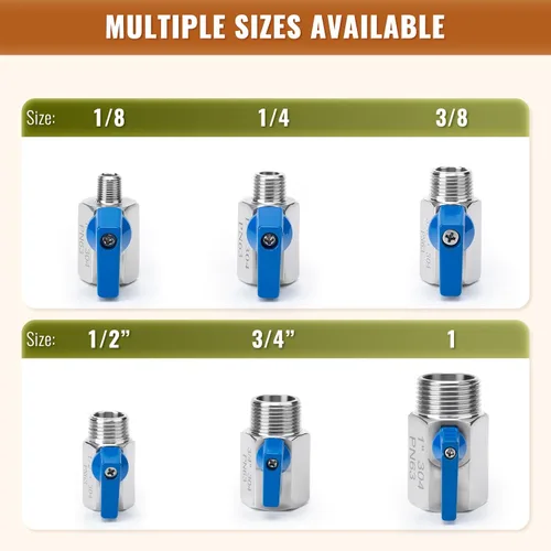 Miniatura 8 de Paquete de 2 válvulas de bola mini de 1", válvula de cierre de acero inoxidable 304 rosca NPT hembra x macho válvulas pequeñas para espacio compacto