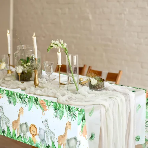 Miniatura 7 de Mantel de fiesta de safari en la selva, mantel con estampado de animales salvajes, verde salvia, decoración de baby shower, cubierta de mesa