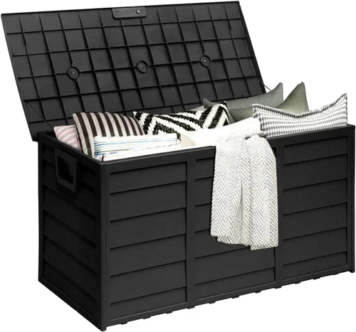 SUNCROWN Caja de almacenamiento para cubierta de 75 galones, contenedor de almacenamiento al aire libre de resina con asas para patio, jardín, Negro