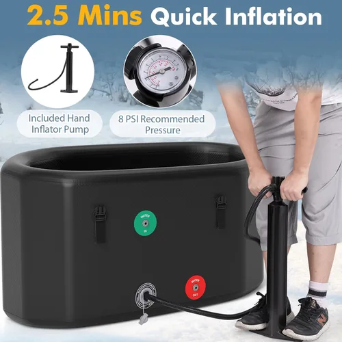 Miniatura 6 de Goplus Bañera de hielo ovalada XL de 129 galones para atletas, bañera inflable con múltiples capas, tapa, bomba, mochila, compatible con enfriador