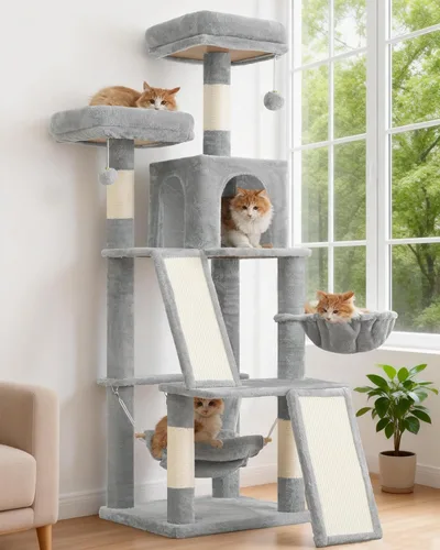 Gitelsnour Árbol para gatos de varios niveles para gatos de interior, torre para gatos con 2 tablas de rascar, 2 plataformas acolchadas de felpa,
