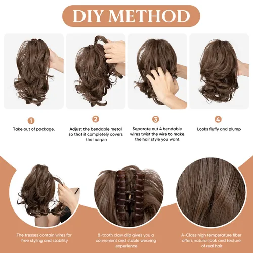 Miniatura 3 de CJL HAIR - Extensiones de cabello tipo pinza de garra para coleta baja, trenzas onduladas/rizadas, sintéticas, piezas de cabello desordenado tipo