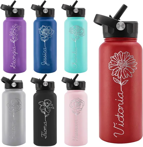 Miniatura 12 de Personalized Water Bottles, Custom Water Bottle with Birth Month Flower Personalized Text Names, Gifts for Women, Customized Engraved Stainless