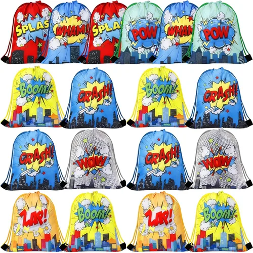 Clabby 12 mochilas con cordón para fiesta de héroes a granel, bolsas de regalo, bolsas de regalo de cómics Boom para fiesta de cumpleaños