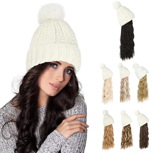 Miniatura 13 de Flufymooz Gorro con peluca, extensión de pelo con gorro de piel sintética con pompón largo ondulado rizado, peluca con gorro adjunto de 20 pulgadas