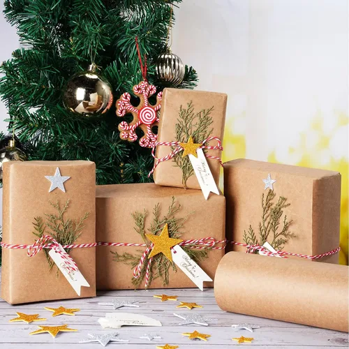 Miniatura 7 de Cholemy Juego de papel de regalo de Navidad de 15.7 pulgadas x 65.6 pies con ramas de pino natural, papel de estraza de algodón, calcomanías