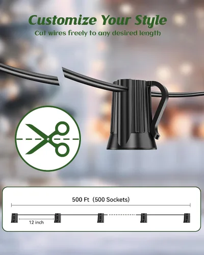 Miniatura 3 de Brightown Comercial Juego de 500 pies de enchufes para luces de Navidad C7/E12, enrollados, luces de cadena de patio certificadas UL, cable negro