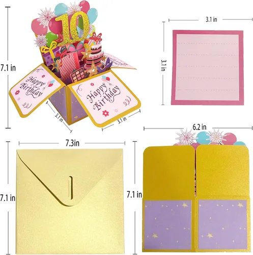 Miniatura 2 de Asmallgf Tarjeta Emergente Feliz 10 Cumpleaños para Hija Sobrina, Mejor Regalo de Cumpleaños para Niña Niño de 10 Años, Dulces Decoraciones