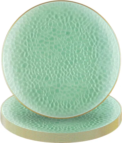 Blue Sky Platos redondos de plástico verde martillado orgánico con borde dorado, 7 pulgadas (10 unidades) | Elegante vajilla desechable para fiestas