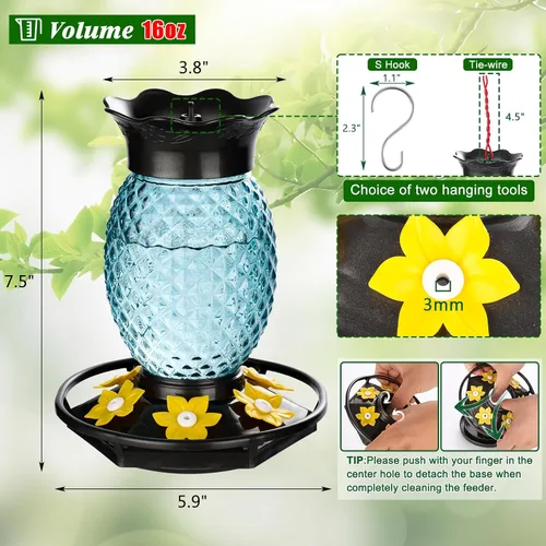 Miniatura 6 de Fchstaer Comederos de vidrio para colibríes para colgar al aire libre, paquete de 2 unidades de 16 onzas, a prueba de abejas y hormigas, 360°, a