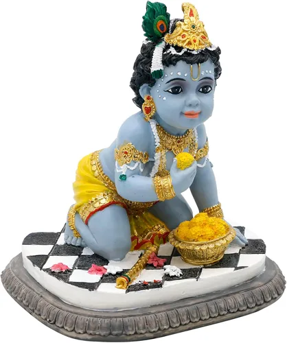 alikiki Estatua de ídolo de bebé Krishna – 5.9 pulgadas de alto dios hindú Laddu Gopal arrodillado disfruta de Laddus India Murti Artículo para el