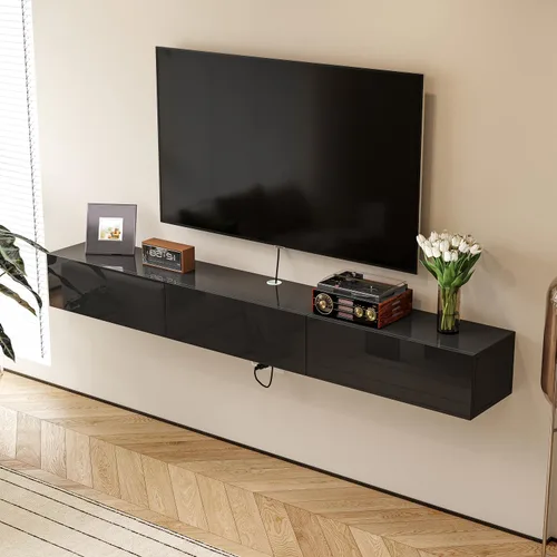 FurniNova Soporte flotante para TV con 3 puertas, moderno mueble flotante para consola de TV con almacenamiento, estante flotante de madera Negro