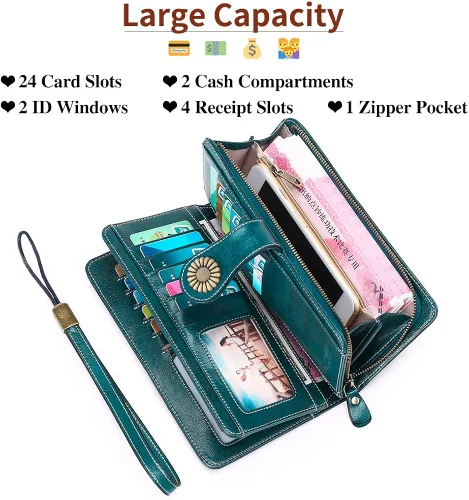 Miniatura 3 de SENDEFN - Billeteras de cuero genuino para mujer con tarjetero y bloqueo RFID, de gran capacidad y con correa para la muñeca