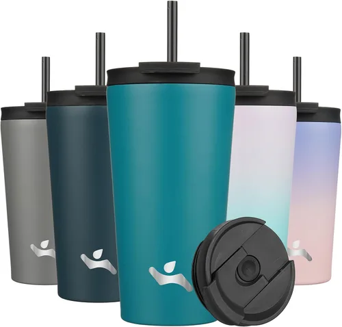 Miniatura 44 de Konokyo Vaso aislado de 18 onzas con tapa y 2 pajillas, botella de agua de acero inoxidable, taza de viaje al vacío, taza de café, color blanco ángel