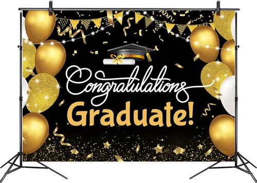 Miniatura 3 de Telón de fondo de graduación de 5 x 3 pies para sesión de fotos, globos negros y dorados, felicitaciones, graduados, clase de 2025, felicitaciones